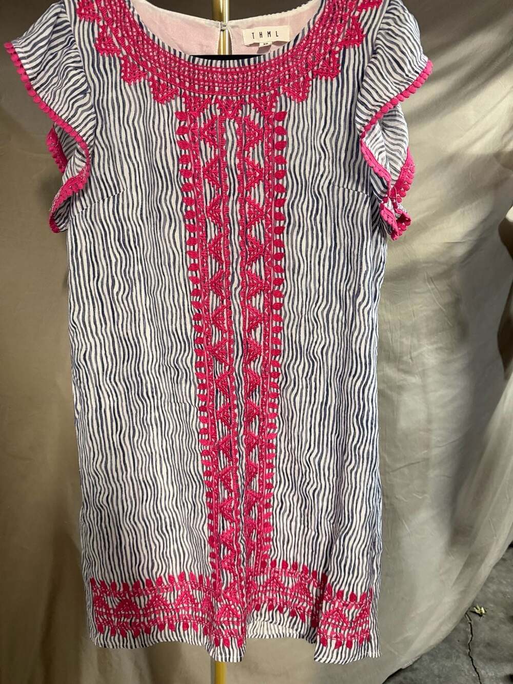 THML Blue and White Wavy Stripe Embroidered Ruffle Sleeve Mini Dress - Picture 1 of 3
